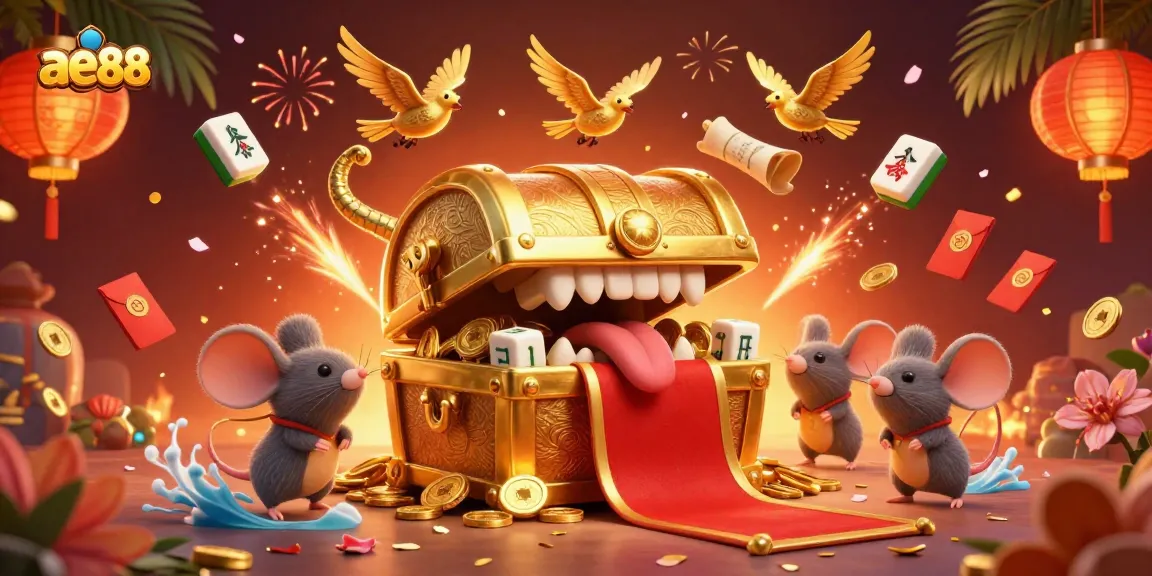 Experience the thrill of ae88 with vibrant treasure chests, golden lanterns, and festive elements in a casino-themed illustration.