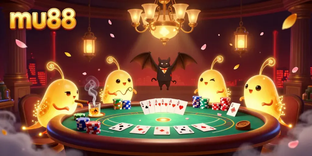 Experience the mu88 casino excitement with vibrant glowworms lighting up a dynamic poker table scene.