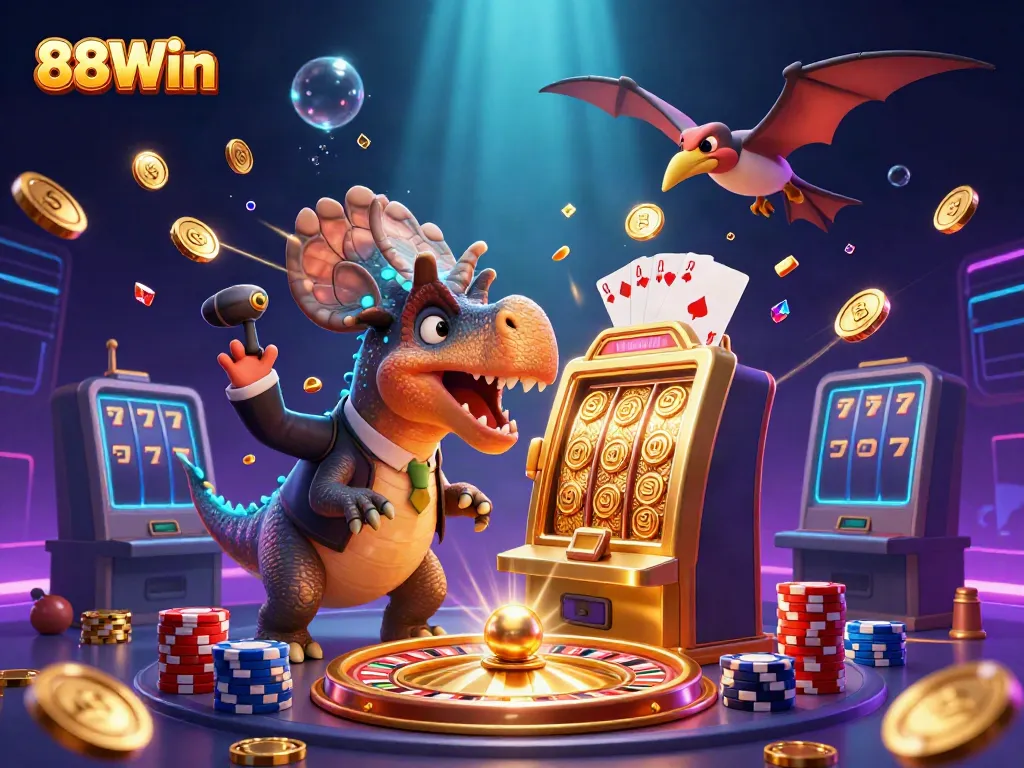 Experience 88Win's thrilling scenes of a cartoon pachycephalosaurus winning coins at a golden slot machine.
