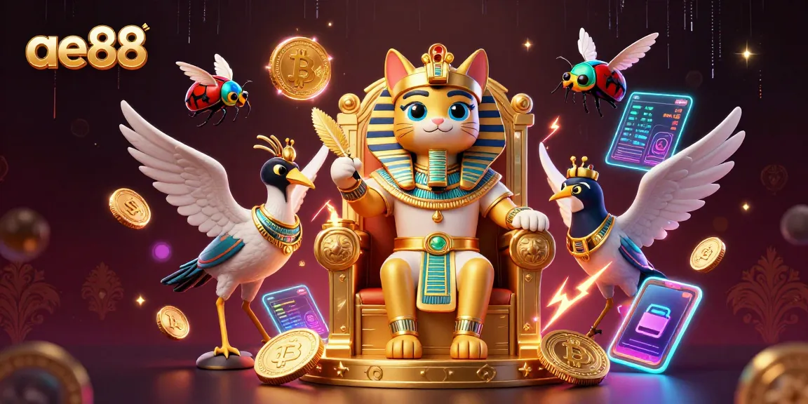 Experience thrilling ae88 gaming with an Egyptian pharaoh cat, cryptocurrency coins, and dynamic casino elements.