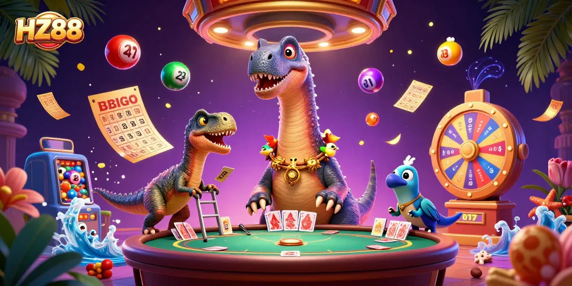 Experience thrilling games at HZ88 with vibrant casino characters and dynamic lottery elements.