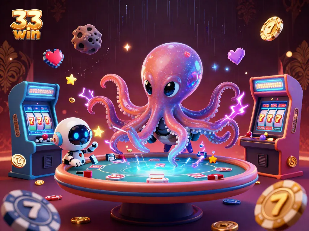 33 win alien octopus deals holographic poker in a vibrant casino-themed 3D scene