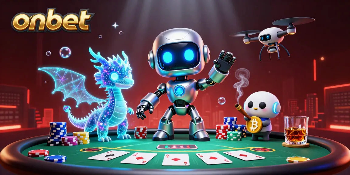 Explore thrilling poker action at onbet with vibrant characters, chips, and cards in a captivating scene.
