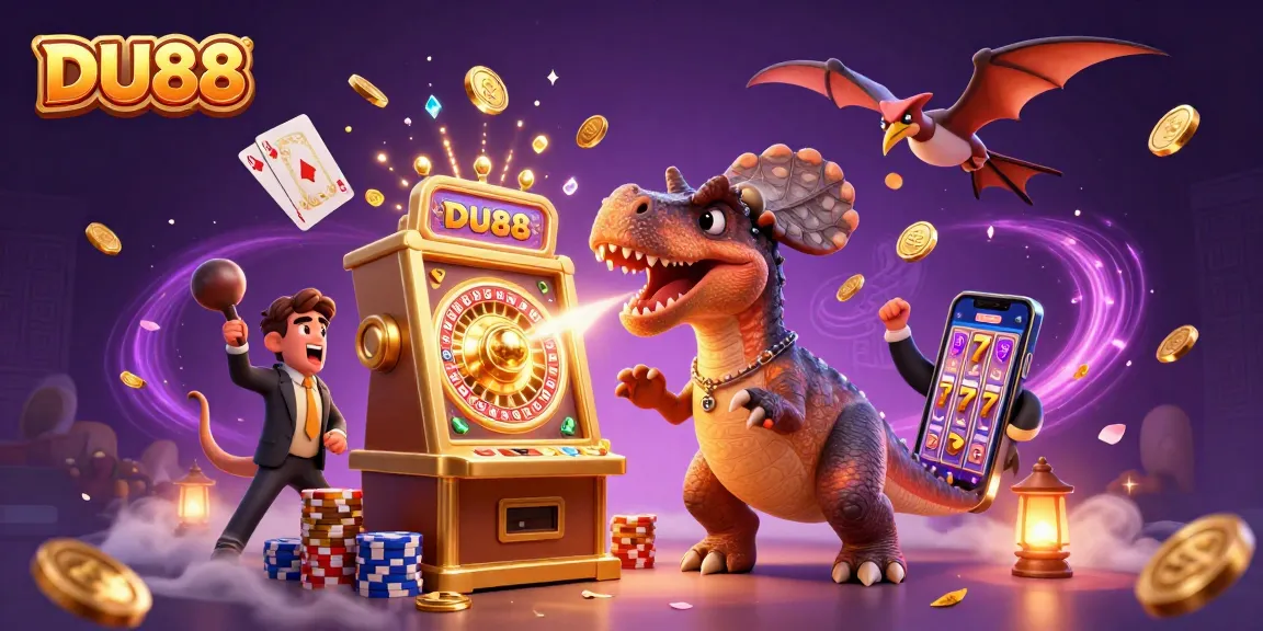 DU88 casino scene with a pachycephalosaurus winning jackpots, gold coins flying everywhere.