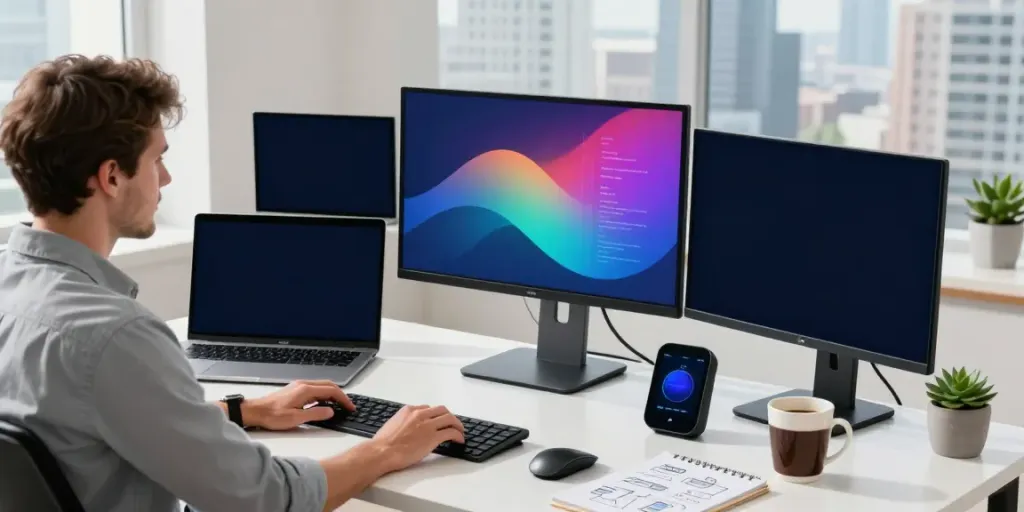 Professional workspace showcasing instant indexing strategies, with multiple screens displaying analytics in a tech-focused environment.