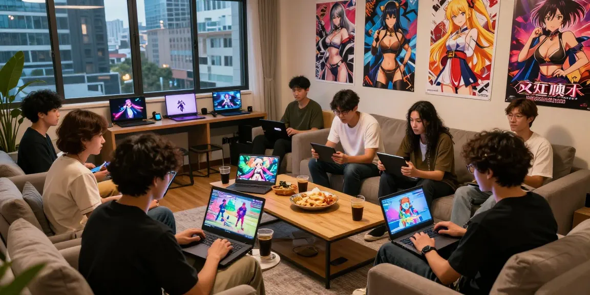 Engaging adults enjoying a hentai game online together in a vibrant gaming lounge.