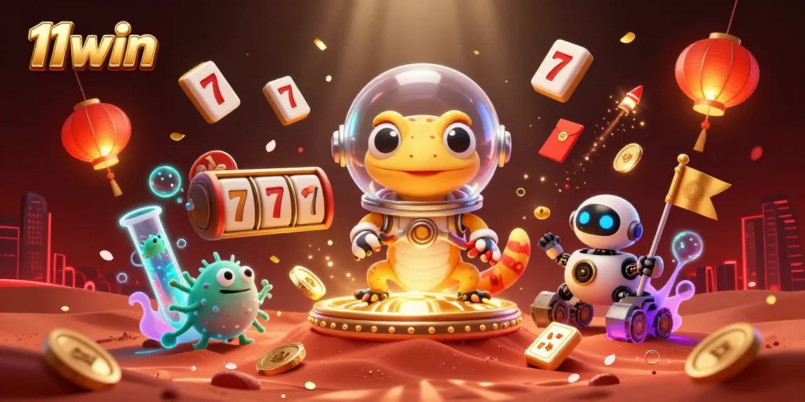 Experience the thrilling world of 11win with a Martian gecko exploring a golden casino amidst dynamic slot elements.