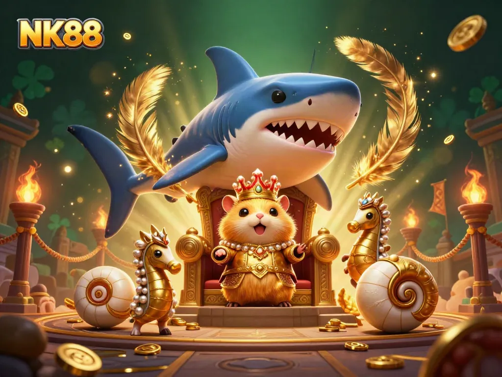 Engage the excitement of NK88 with this illustrated scene of a golden hamster king commanding a royal court.