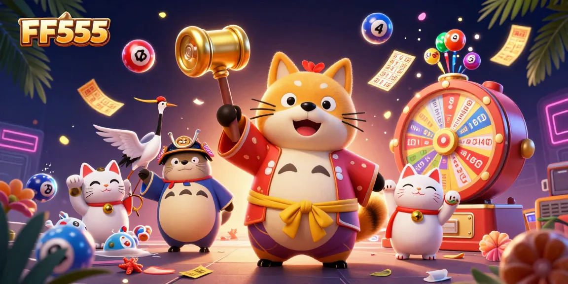 Engage in thrilling lottery action with FF555, featuring joyful tanuki and maneki-neko in a festive setting.