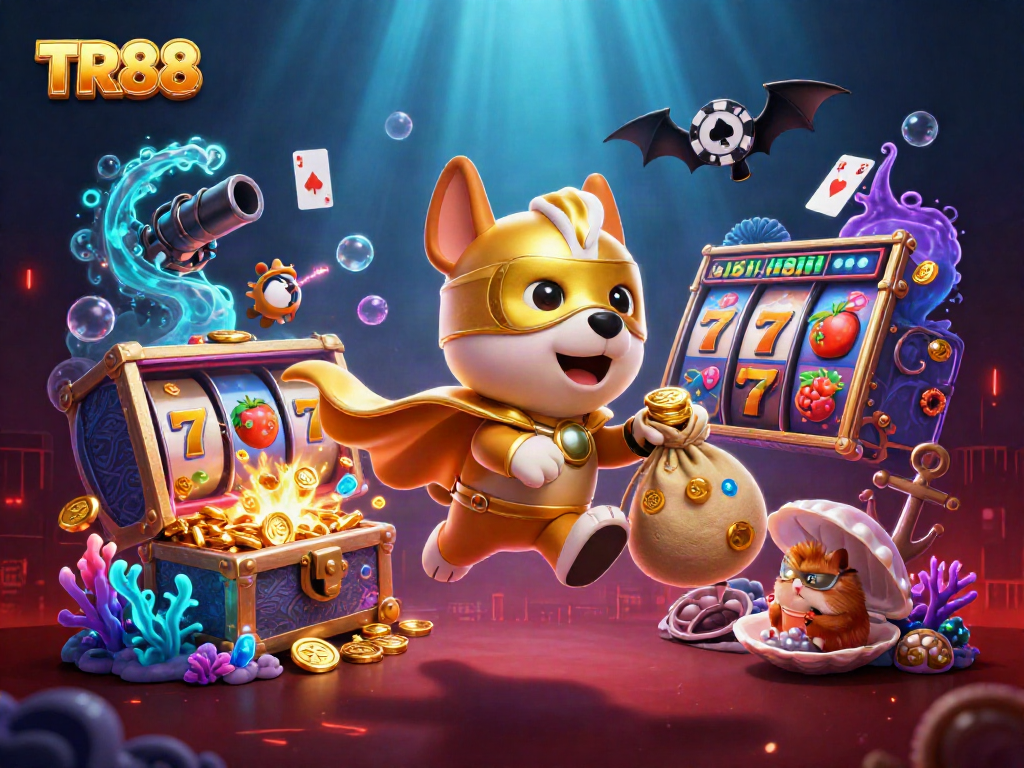 TR88 themed illustration of a superhero dog and hamster flying amongst dynamic casino elements.