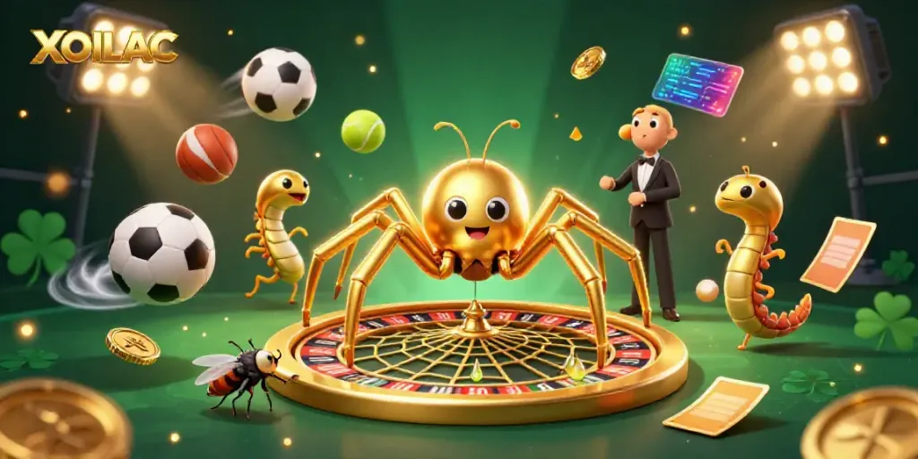 Experience thrilling sports betting with XOILAC; a golden spider, here, spins a roulette web while sports balls fly around.