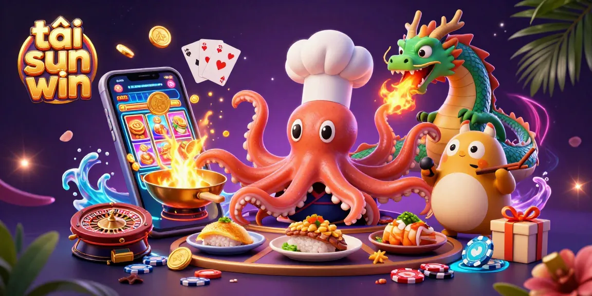 Engage with tải sun win through a vibrant casino illustration featuring a sushi chef octopus, fire-breathing dragon, and tanuki amid gaming elements.
