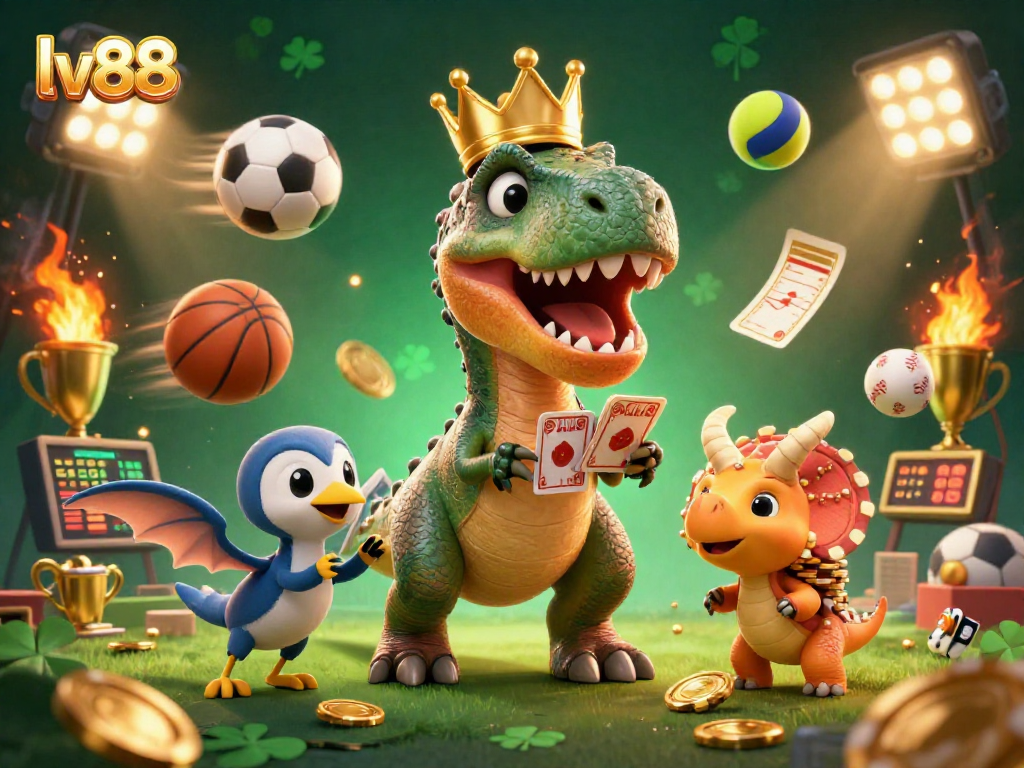 Join the fun with lv88 as a T-Rex and friends shuffle cards and stack chips in an energetic casino scene.
