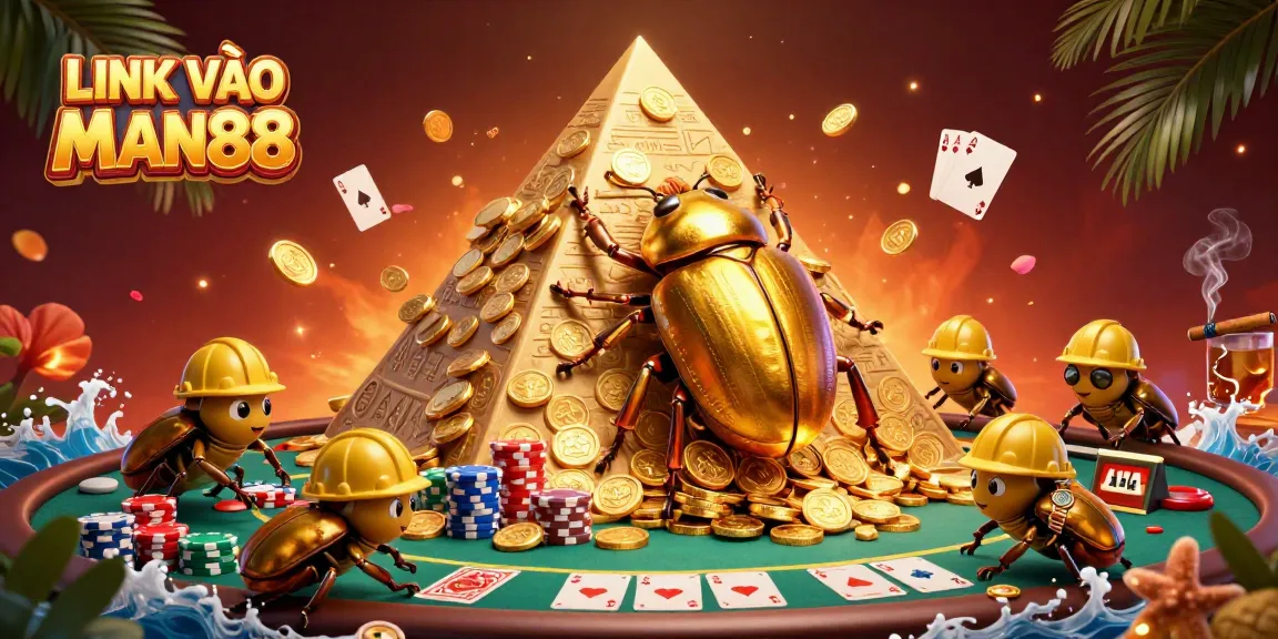 Engage with LINK VÀO MAN88 in an ultra-detailed 3D casino illustration featuring golden beetles, poker elements, and vibrant visuals.
