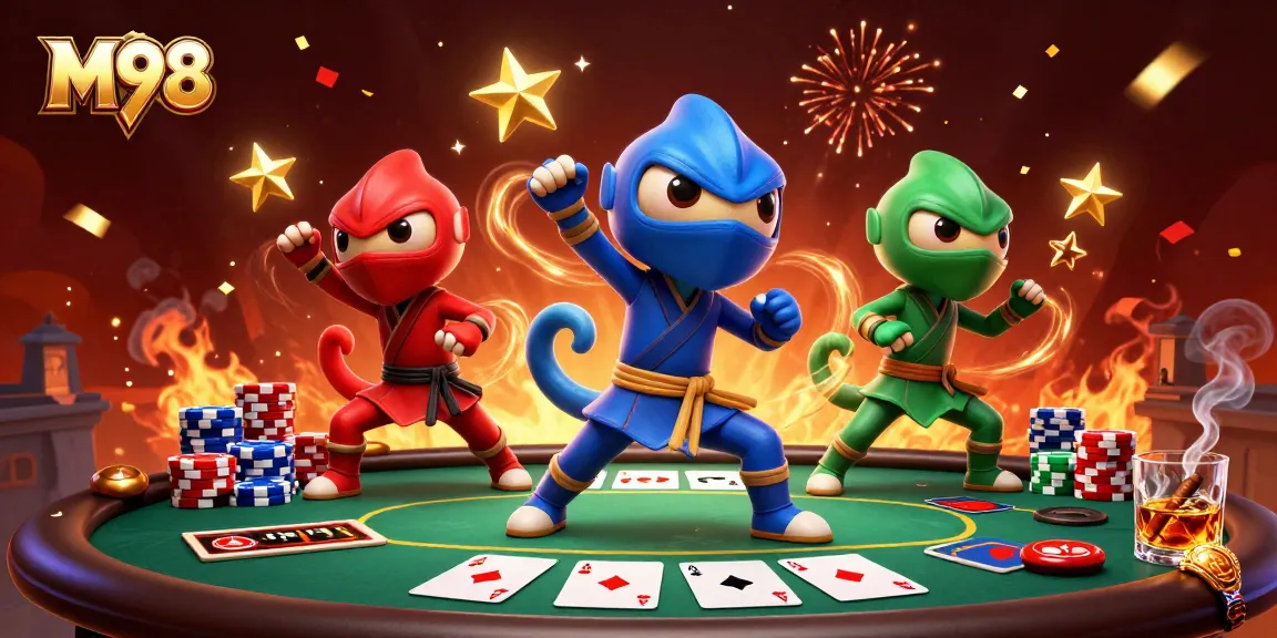 M98 showcases thrilling poker action with ninja chameleons in an exciting casino atmosphere.