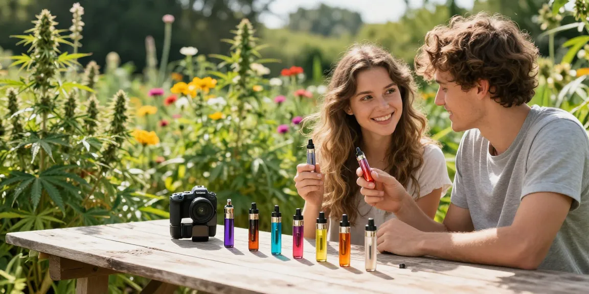 Couple exploring weed vapes in a vibrant cannabis garden with lush greenery.