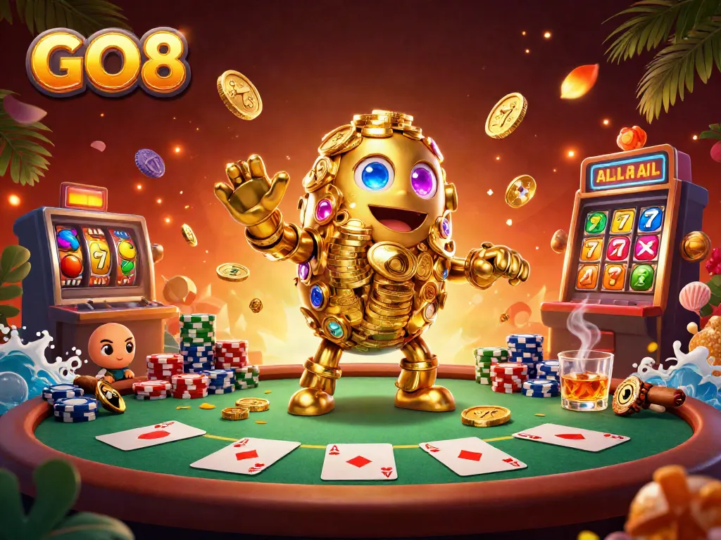 Win big at GO8 casino with an exciting golden golem surrounded by poker elements and dynamic slots.