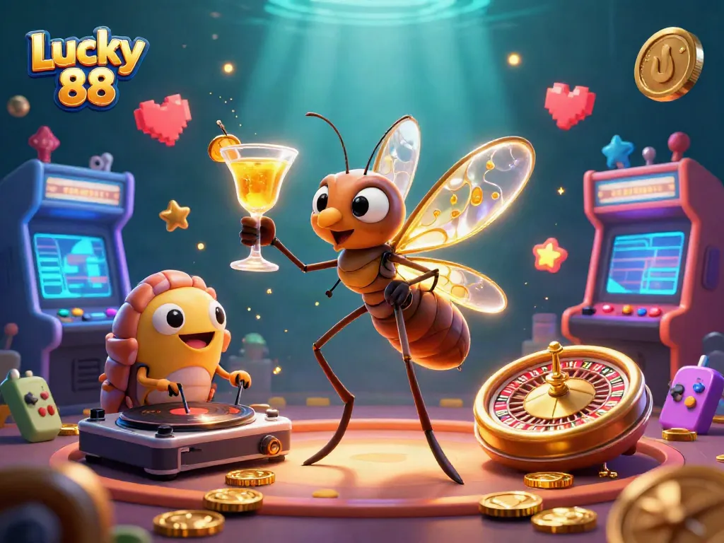 Engage with Lucky 88's vibrant casino scene showcasing 3D characters immersed in thrilling gaming action.