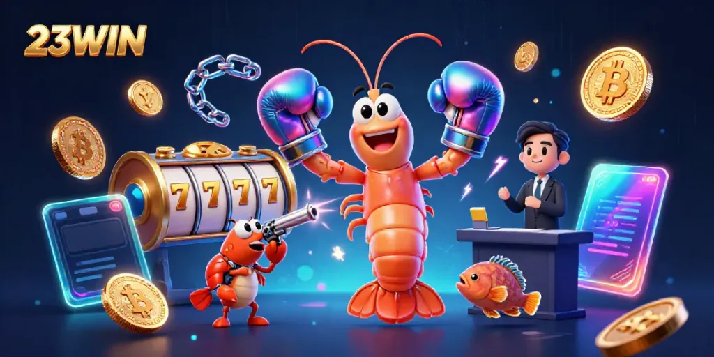 Experience the thrill of 23WIN with dynamic gaming characters and vibrant casino elements.