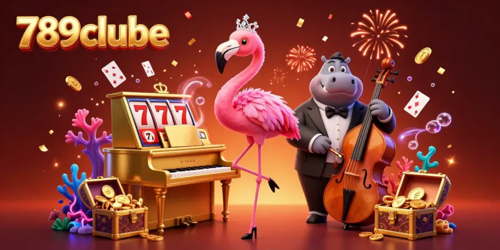 Experience the vibrant energy of 789clube with a flamingo singer and hippo bassist performing amidst dynamic casino elements.