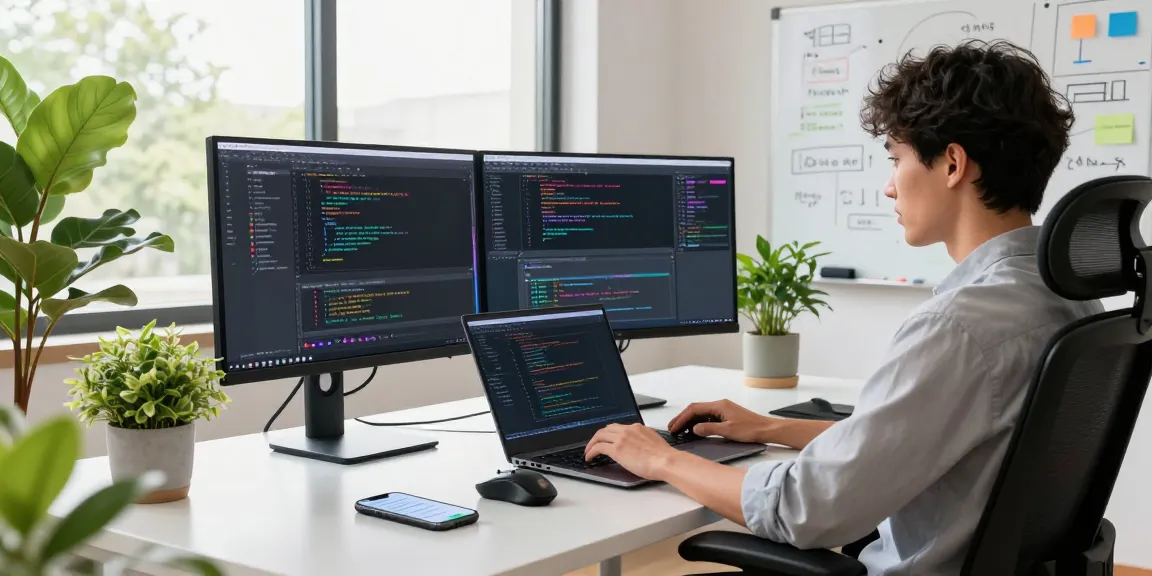 WhatsApp下載 in a modern tech workspace with a developer coding on dual screens
