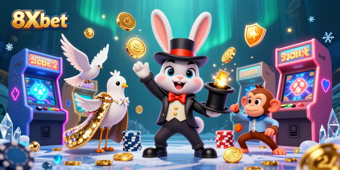 Engage with thrilling games at 8Xbet, where a magician rabbit casts golden coins in a vibrant casino scene.