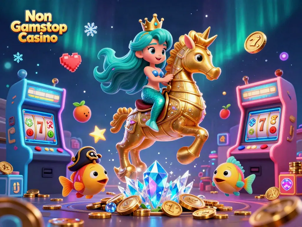 Engage with the enchanting Non Gamstop Casino scene featuring a mermaid princess and giant seahorse amidst vibrant gaming visuals and sparkling treasures.