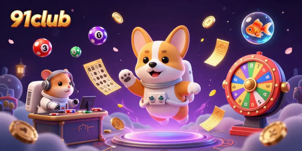 Engage with the thrilling 91club space casino scene featuring a cartoon corgi and dynamic game elements.