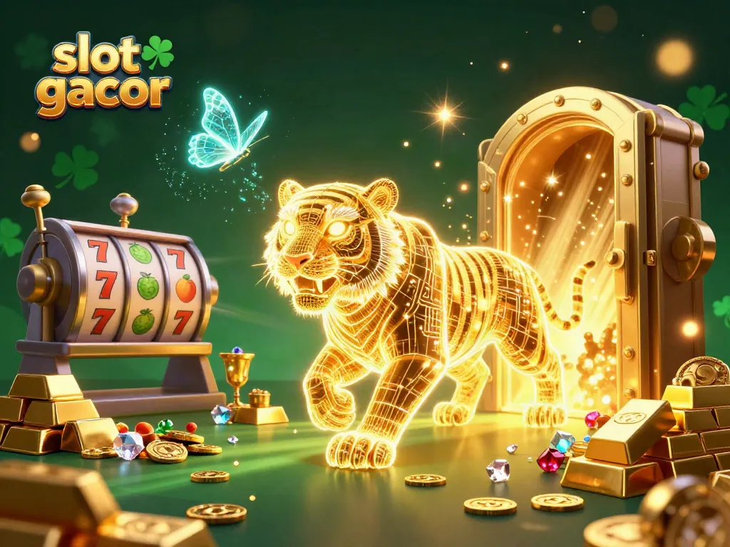 Engage with the vibrant slot gacor scene featuring a neon tiger in a digital casino, surrounded by jewels and slot reels.