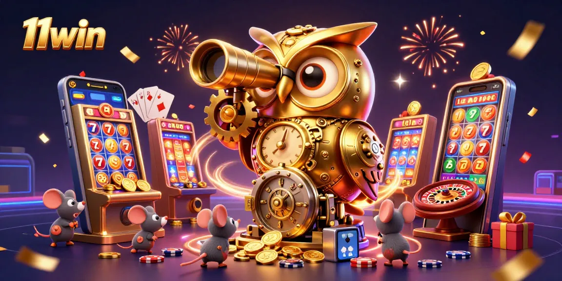 Experience the thrill of 11win as a golden owl surveys a lively casino with vibrant slot game elements.
