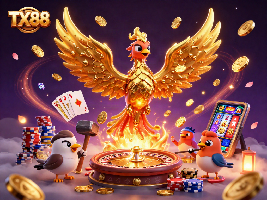 Playing casino games with TX88's golden phoenix and vibrant casino elements.