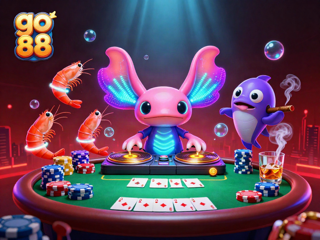 Experience the vibrant energy of go 88 with a neon axolotl DJ and dynamic poker elements.