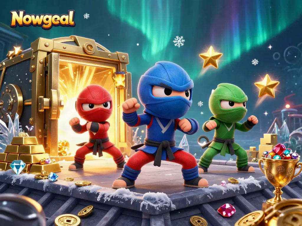 Experience Nowgoal with dynamic ninja chameleons amidst treasures and gems in a vibrant casino scene.