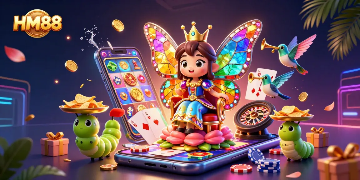 Play exciting slot games at HM88 with a butterfly queen and vibrant casino elements.