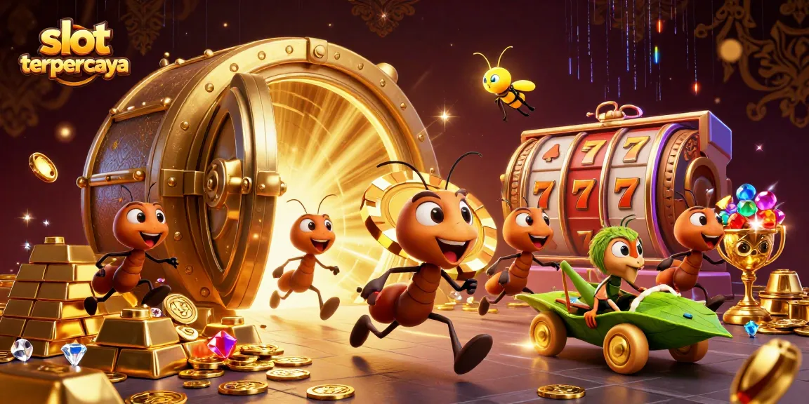 Experience excitement at slot terpercaya with ants on a heist carrying a giant poker chip in a dynamic casino scene.