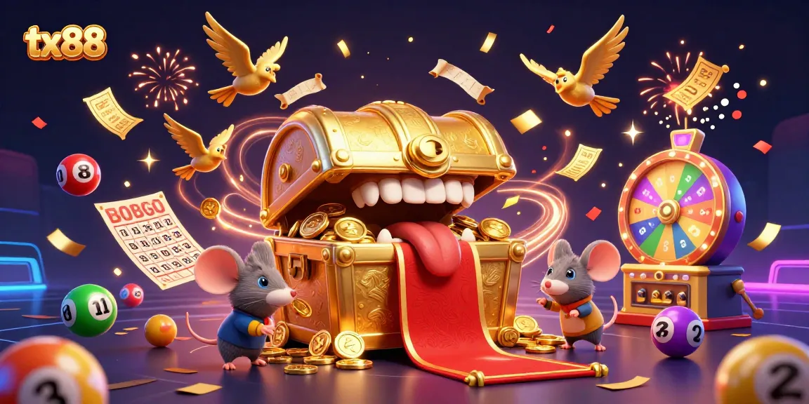 Catch the excitement of tx88 as a treasure chest mimics allure with colorful lottery balls and vibrant winners.