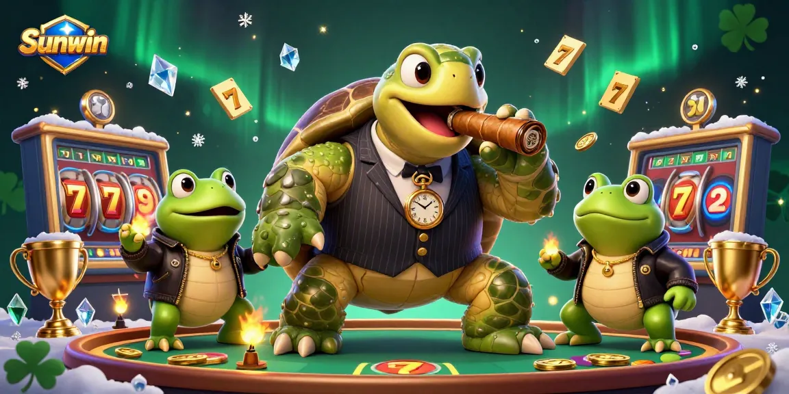 Sunwin engages players with a vibrant 3D casino scene featuring a cartoon turtle and bullfrog enforcers.