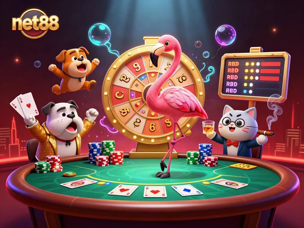 Experience thrilling gameplay and casino excitement with net88’s animated characters and vibrant scene.