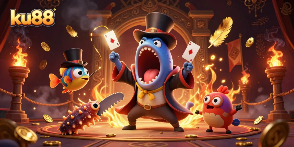ku88 showcases a 3D cartoon deep-sea scene with characters performing a thrilling casino act in a magical atmosphere.