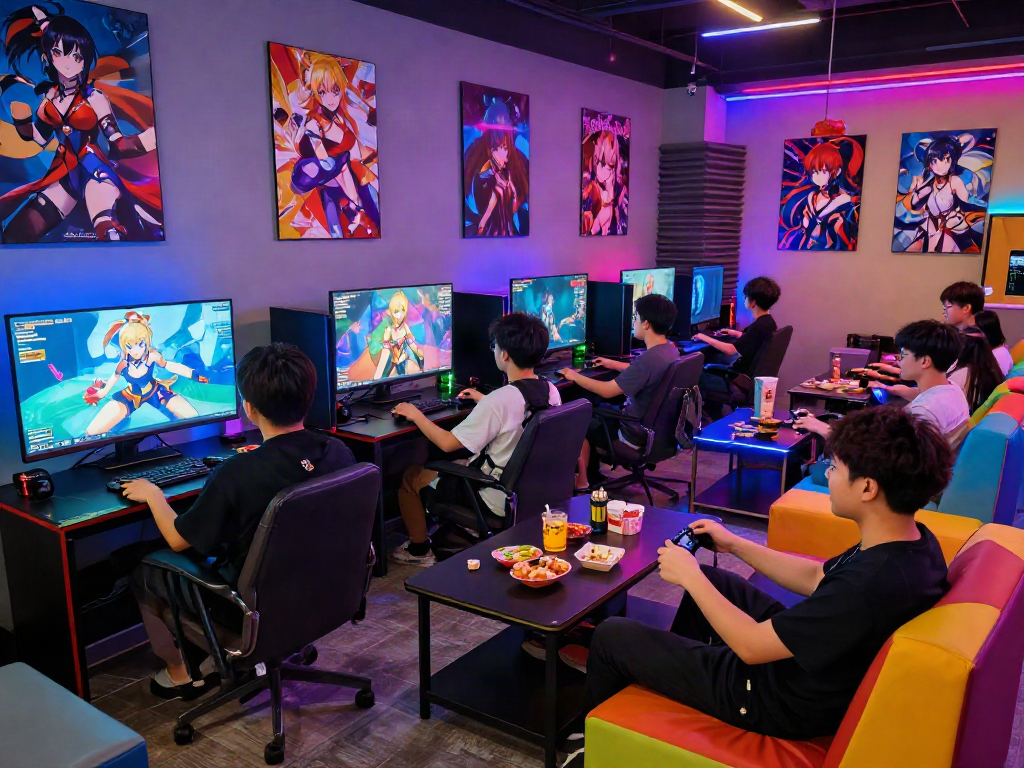 Engaged gamers enjoying hentai games in a vibrant gaming lounge.