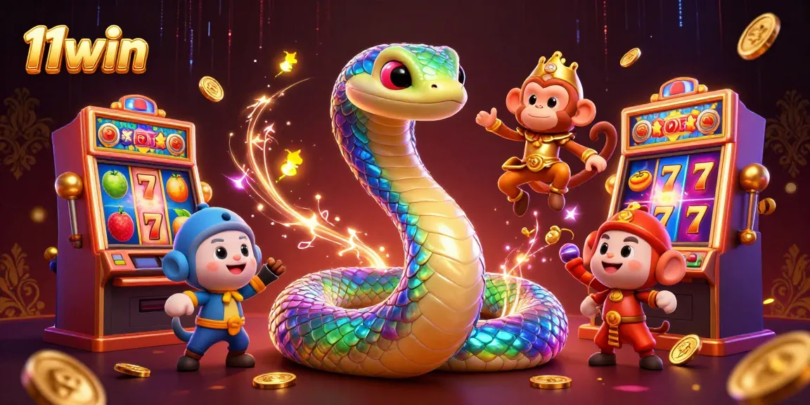 Engage with 11win's vibrant slot games featuring a colorful scene of a rainbow serpent and monkey king.