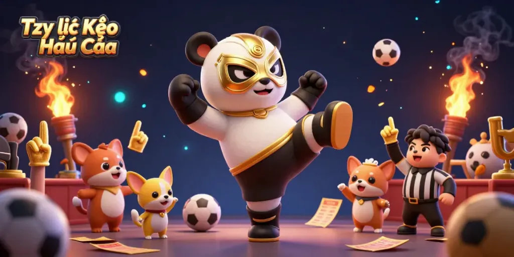 Tỷ lệ Kèo Nhà Cái sports betting illustration featuring a panda wrestler and dynamic elements