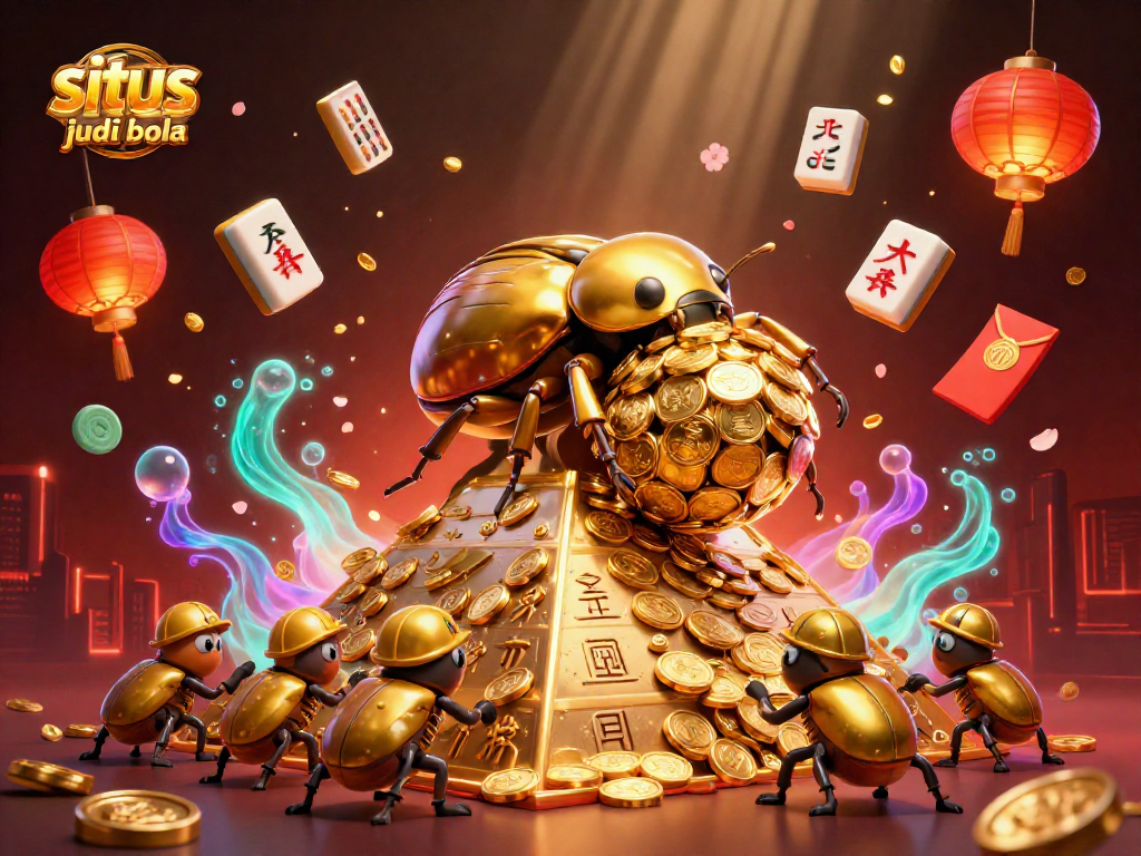 Experience thrilling situs judi bola action with golden beetles and rich casino elements in dynamic 3D art.