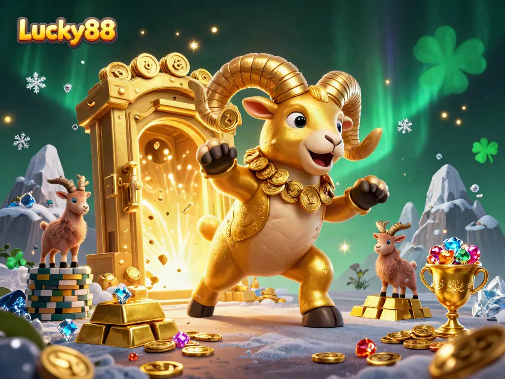 Experience thrilling action at Lucky88 with a dynamic scene of a golden ram charging through treasures and casino elements.