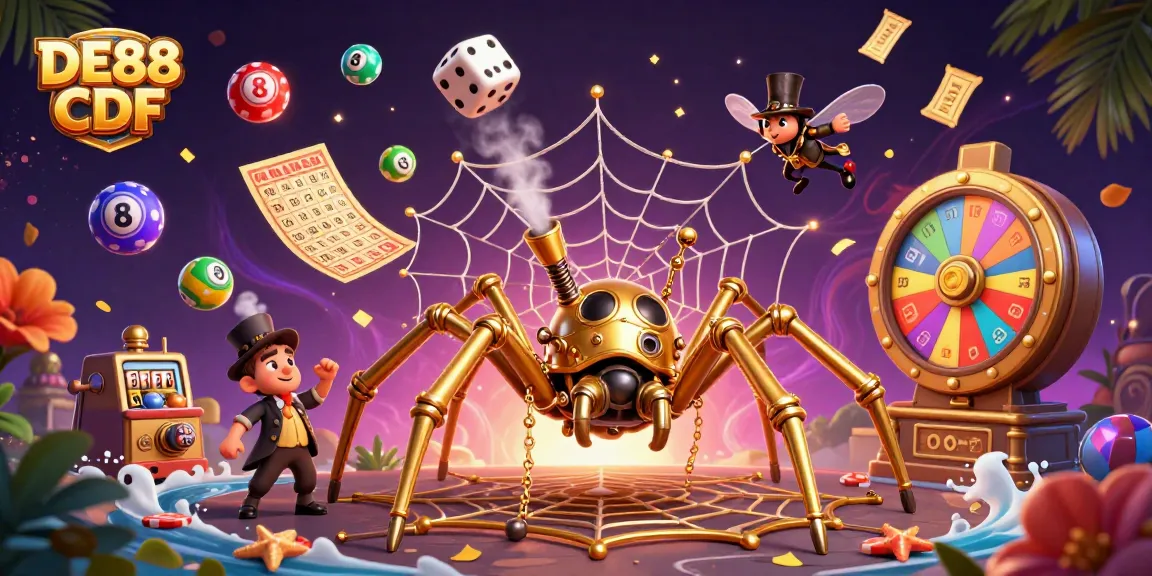 Experience thrilling gameplay at DE88 CFD with vibrant lottery elements and steampunk themes in this dynamic illustration.