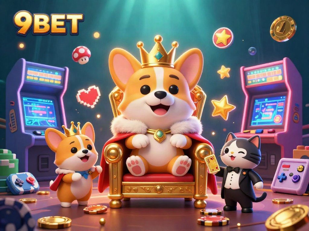 Engage with the vibrant 3D cartoon world of 9BET featuring a royal corgi and games of chance.