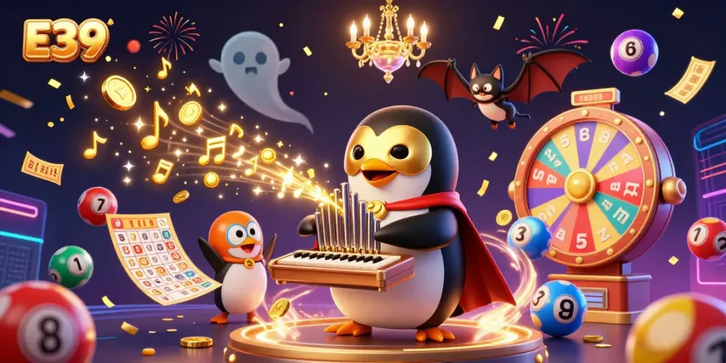 Play with E39 featuring a penguin organist and vibrant lottery elements amidst a festive casino scene
