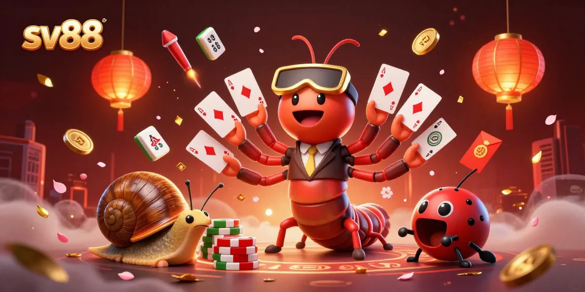 Experience the thrill of sv88 with an energetic illustration showcasing a cartoon millipede dealer surrounded by lucky gaming elements.