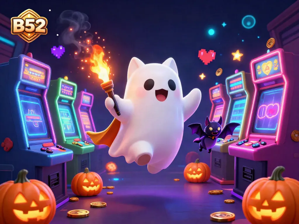 Engage with B52's vibrant casino scene, featuring a ghost cat and bat in playful gaming action.