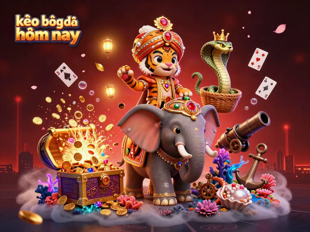 Witness the excitement of kèo bóng đá hôm nay with a vibrant 3D illustration featuring a maharaja, jewel-encrusted elements, and casino treasures.